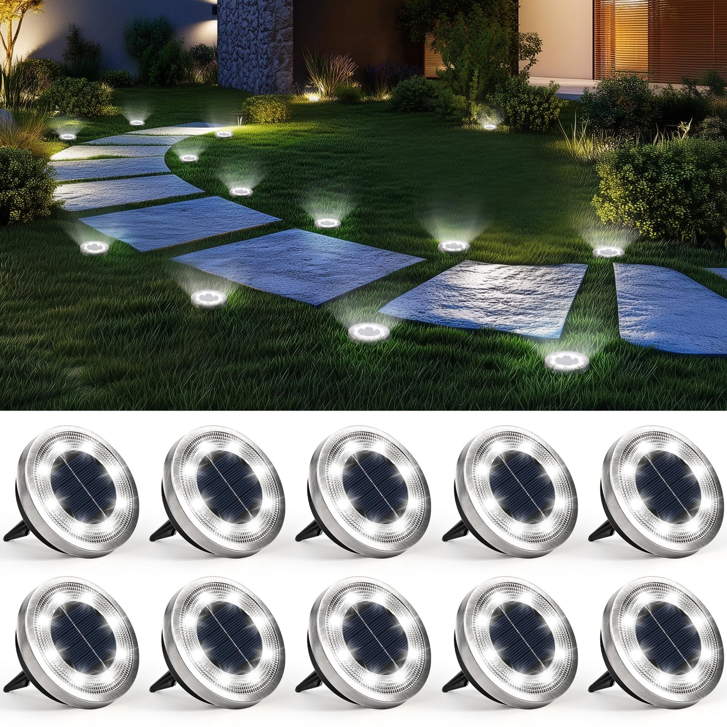 SOLPEX 10 Pack Solar Ground Lights Outdoor Waterproof, Solar Powered Pathway Lights, Landscape Lighting for Garden Walkway Driveway Backyard Decor