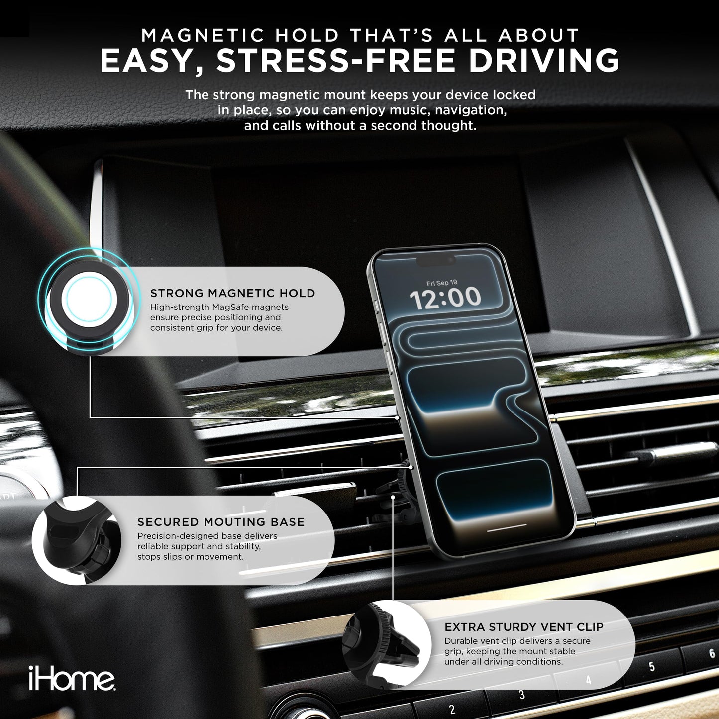 iHome Air Vent Clip Car Mount, 360° Rotation, Secure Fit, Adjustable Grip (Magnetic Air Vent)