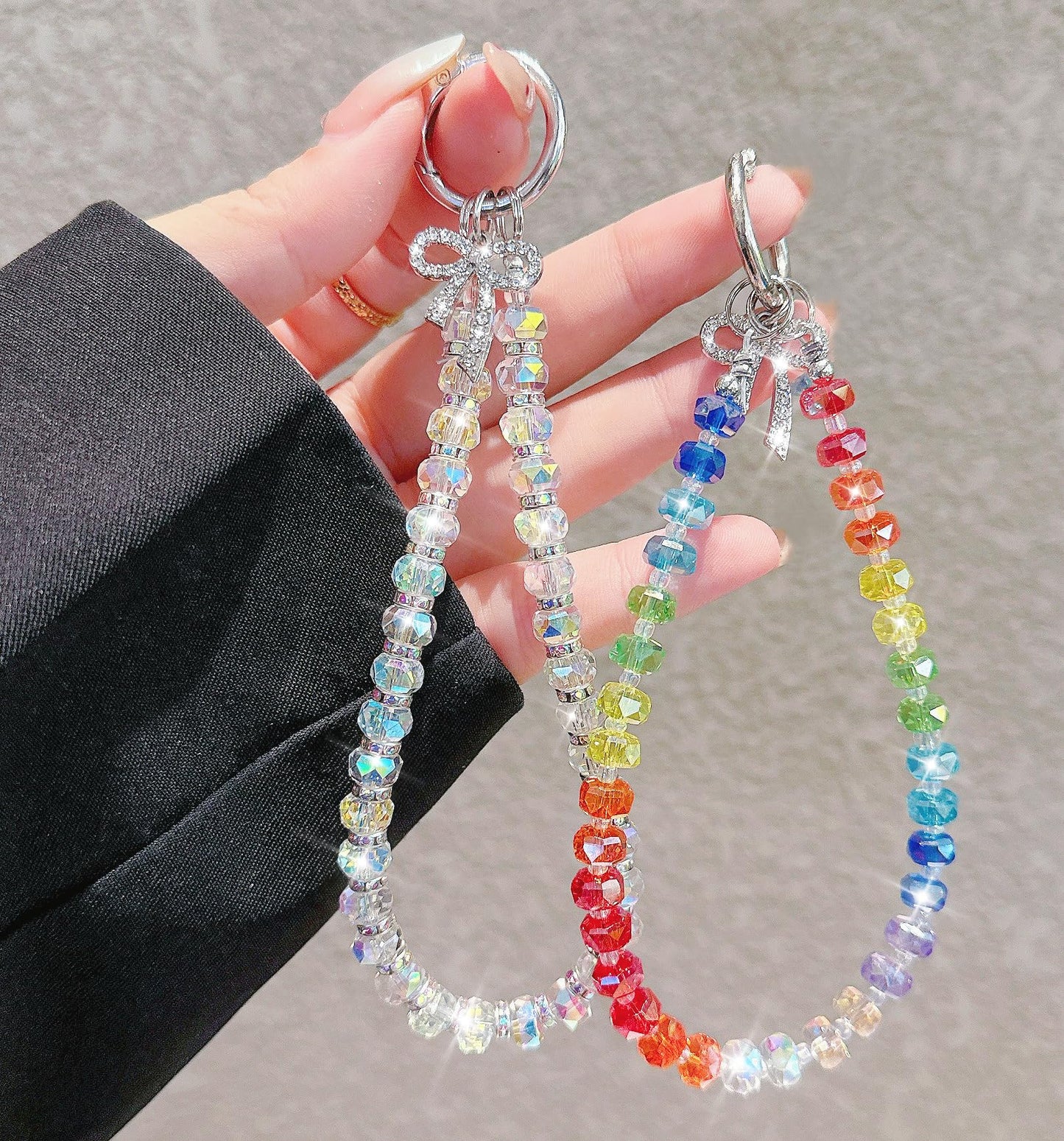 2 Pack Bling Crystal Keychain Charms Phone Wrist Strap for Women Girls,Shiny Lanyard Bracelet for Bags Carkeys Earphone Purse