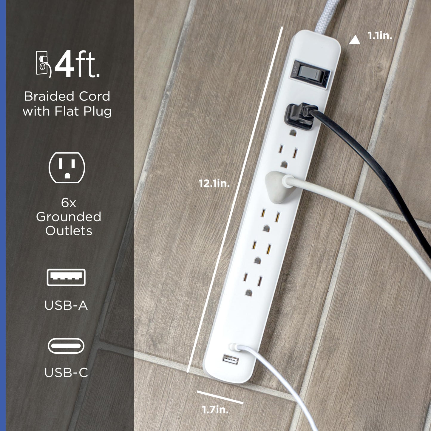 GE 6-Outlet Power Strip with USB, 1 USB-A & 1 USB-C Port, 4ft Braided Extension Cord, Circuit Breaker, Wall Mountable, ETL Certified, White, 85706