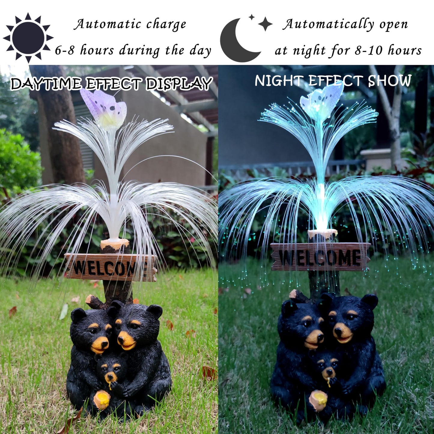 RCTTICUU Solar Bear Garden Statues,Resin Black Bear Family Figurine with Welcome Card and 7-Color Changing Optical Fiber with Solar Lights, Lawn Decor