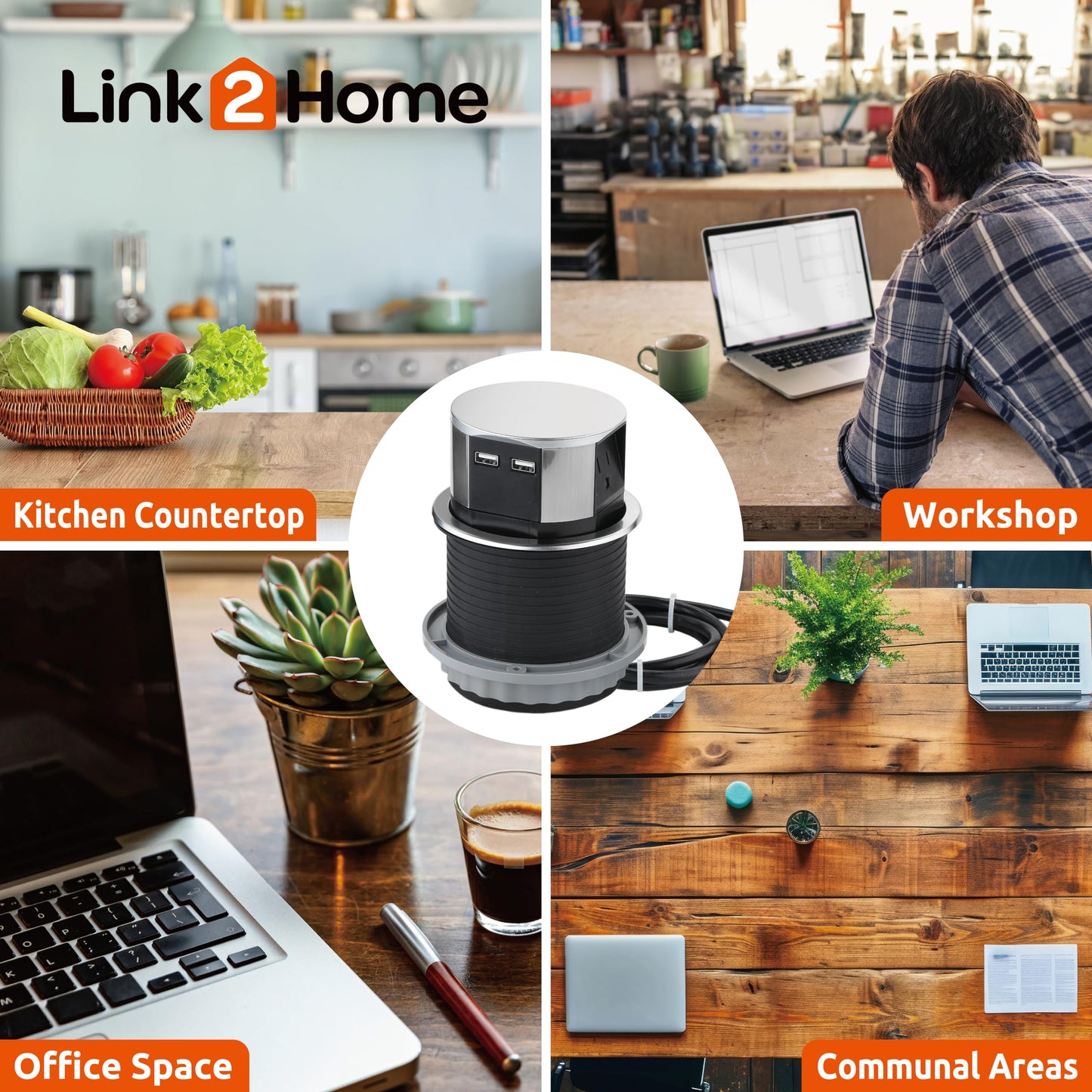 Link2Home 2 Pack Pop Up Outlet 10W Fast Induction Charger with Type-C USB, 3 Power Outlets 15A, 2 USB Ports 3.0A, Splash Resistant, Matt Black Finish
