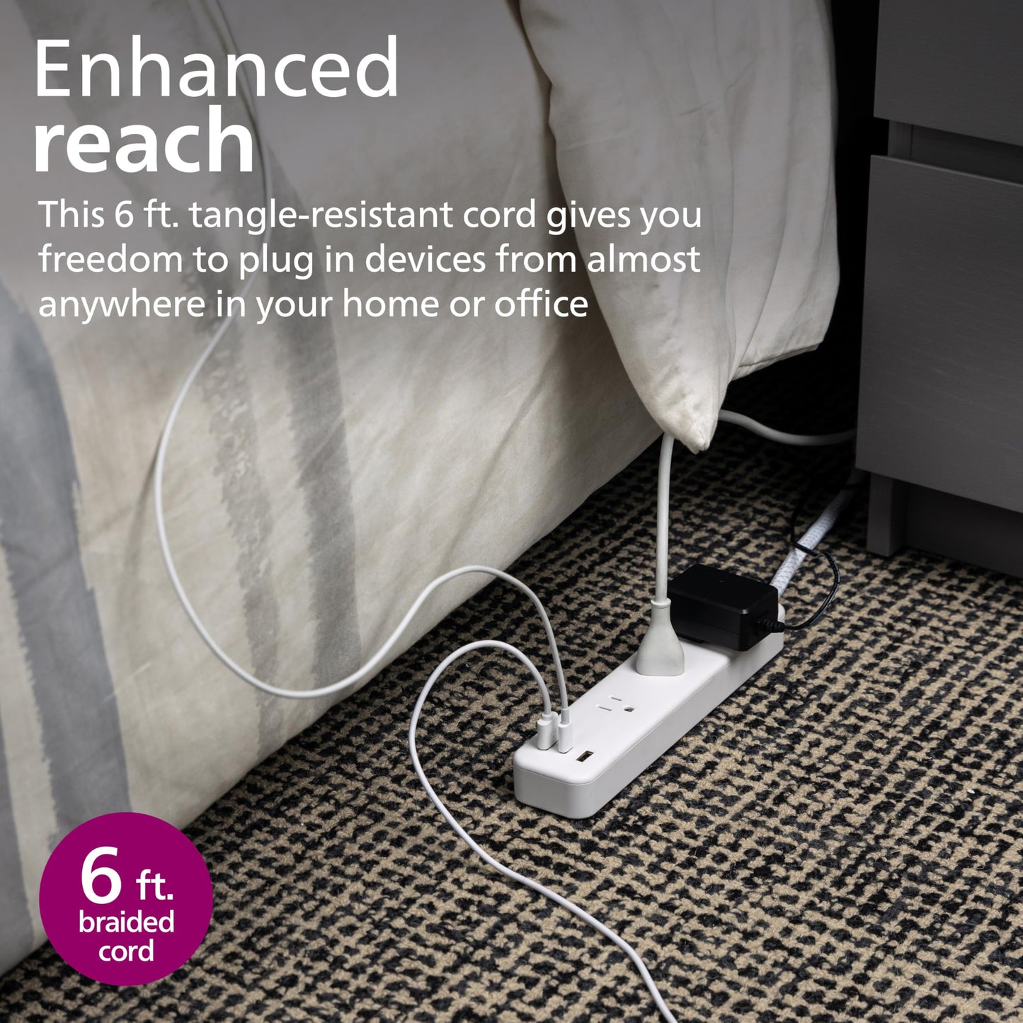 Philips EZFit 3-Outlet Adapter-Spaced Surge Protector, 6ft Braided Cord, Power Strip, Extension Cord with 2 USB-A and 1 USB-C, 490J, White
