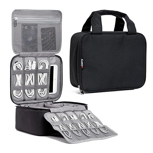 eCarry Electronics Organizer Case - Multi-Layer Full Flat Opening With Compartments and Pockets - Cord Organizer for Accessories, Cables, Electronics