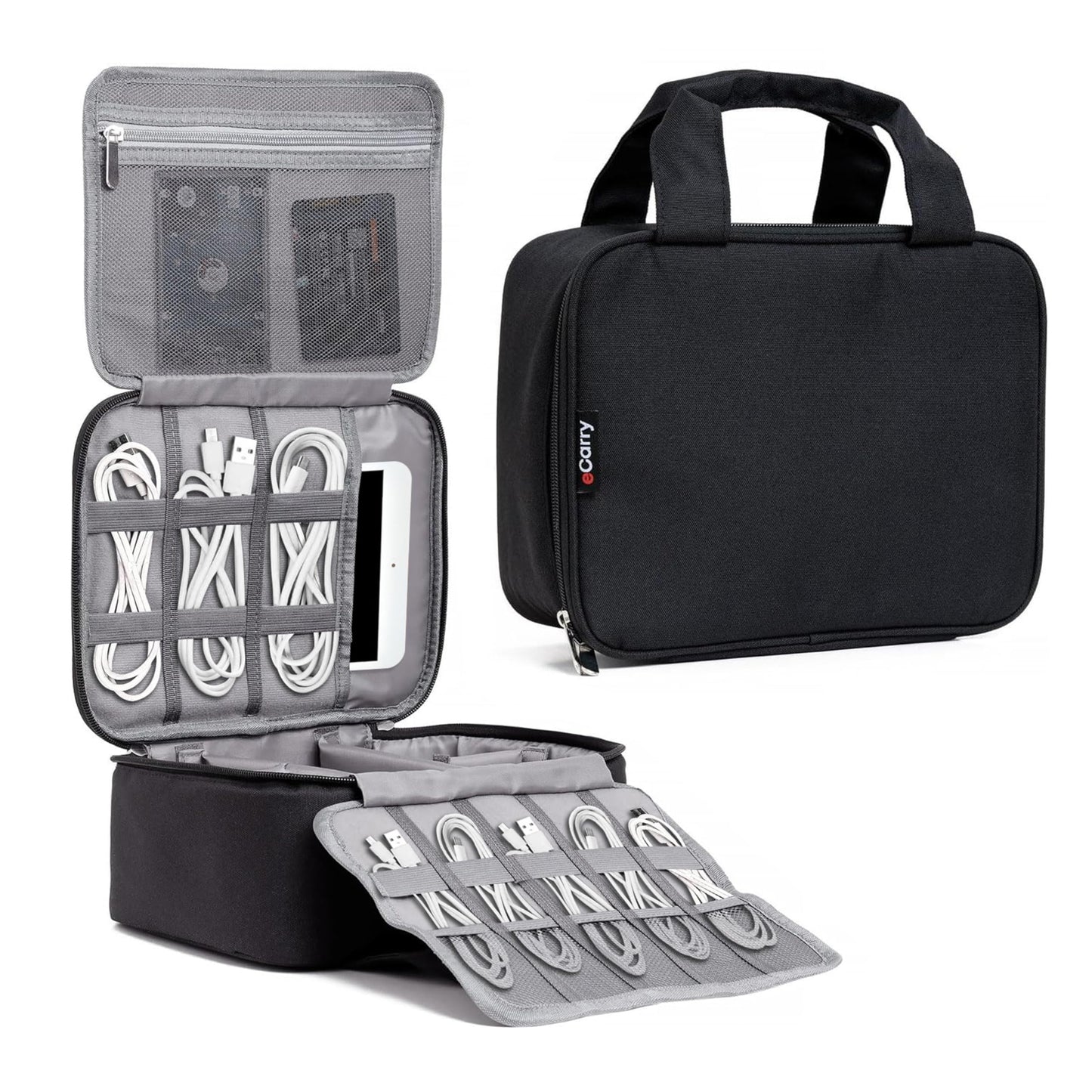 eCarry Electronics Organizer Case - Multi-Layer Full Flat Opening With Compartments and Pockets - Cord Organizer for Accessories, Cables, Electronics