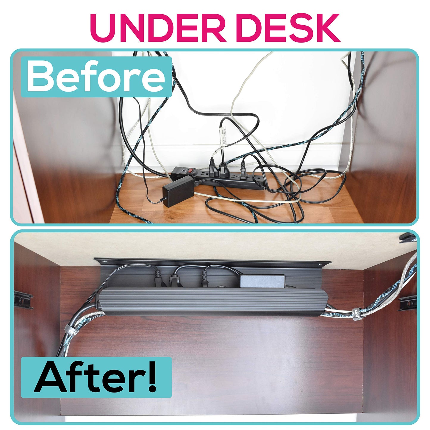 Cable Management Tray, Under-Desk, On-Wall or Side-of-Desk, 17x4x2.4”, 2-PK, Hide & Organize Your Cables, Power Supplies and Power Strips, Bonus 10-Pk