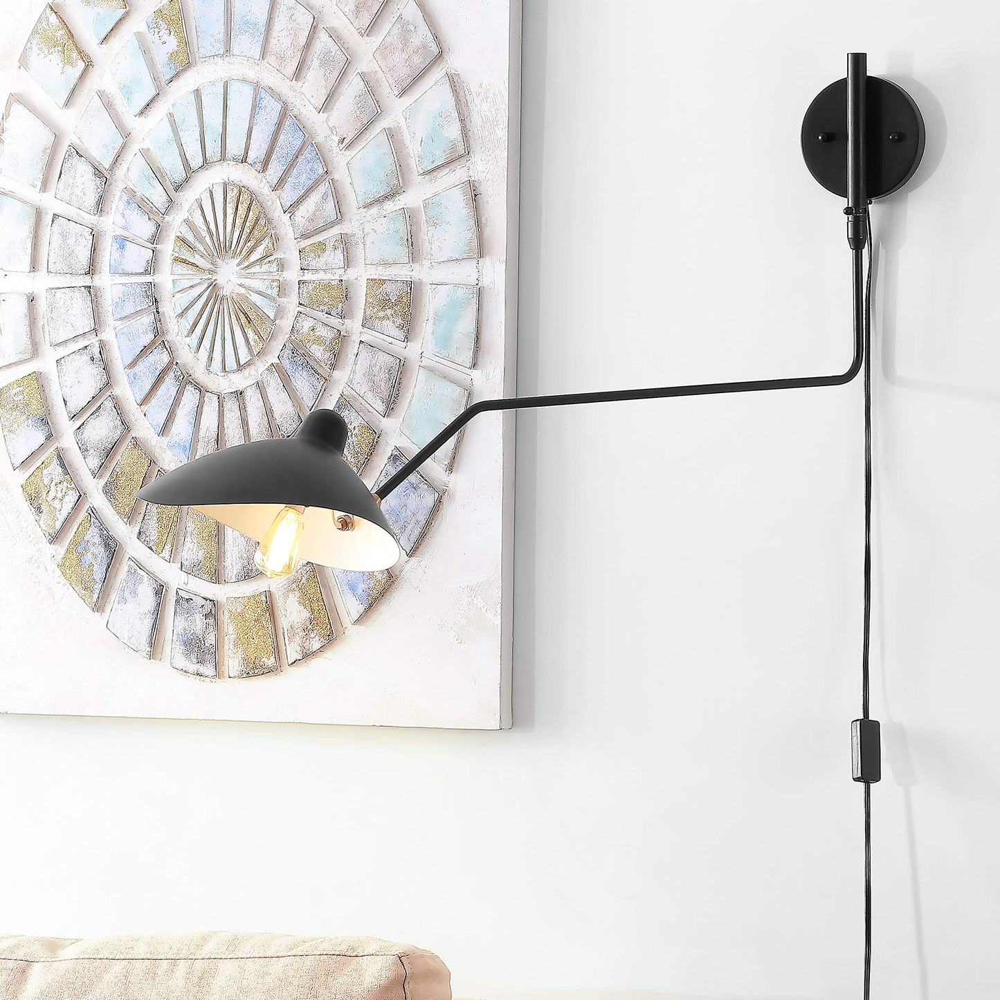 JONATHAN Y 8.5" Black/Brass Gold Retro Swing Arm LED Wall Sconce, Mid-Century Modern Iron Plug-in Light for Bedroom, Living Room, Adjustable Metal