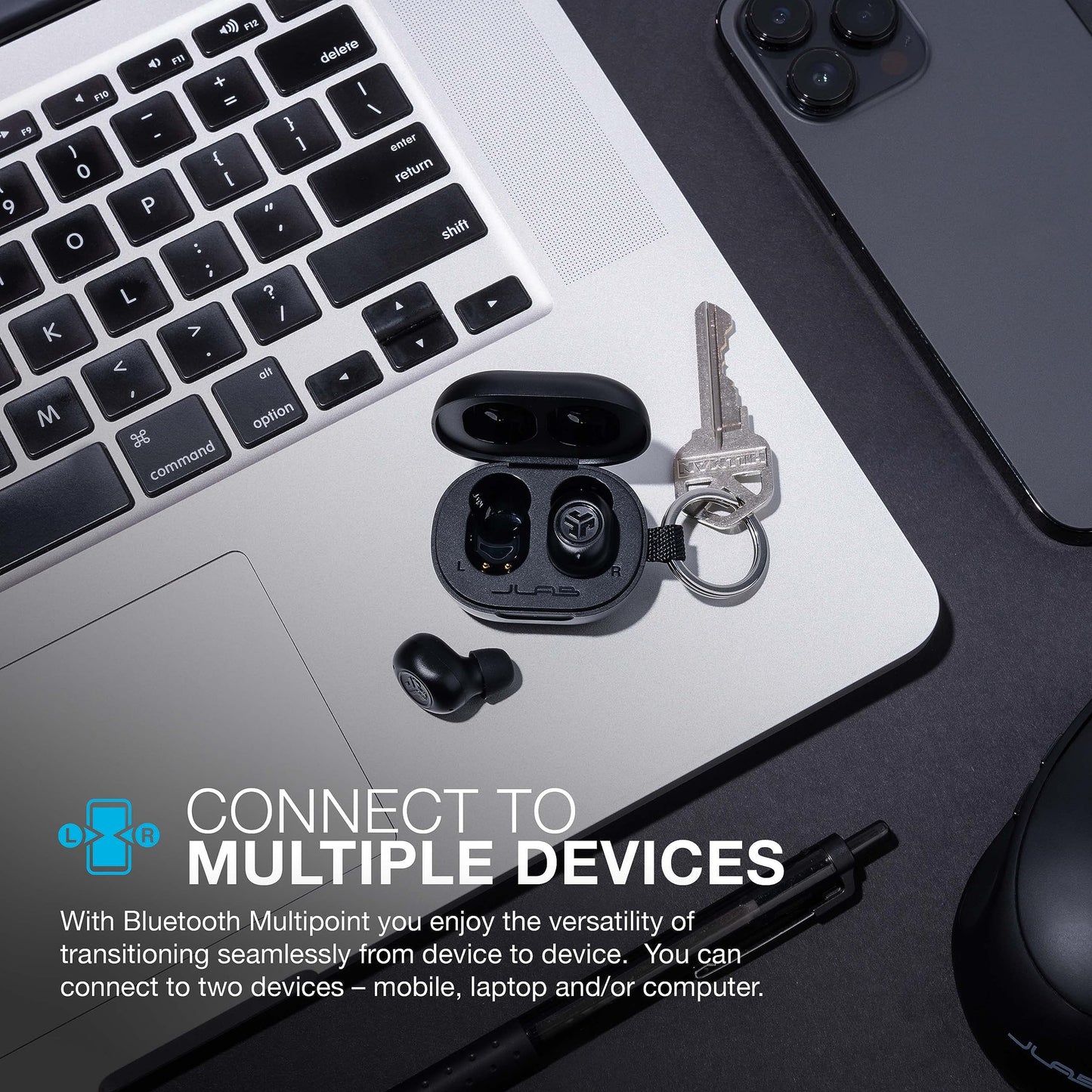 JLab JBuds Mini True Wireless Bluetooth Earbuds + Charging Case, Charcoal Black, IP55 Sweat and Dust Proof, Bluetooth Multipoint, Be Aware Audio, 3 EQ