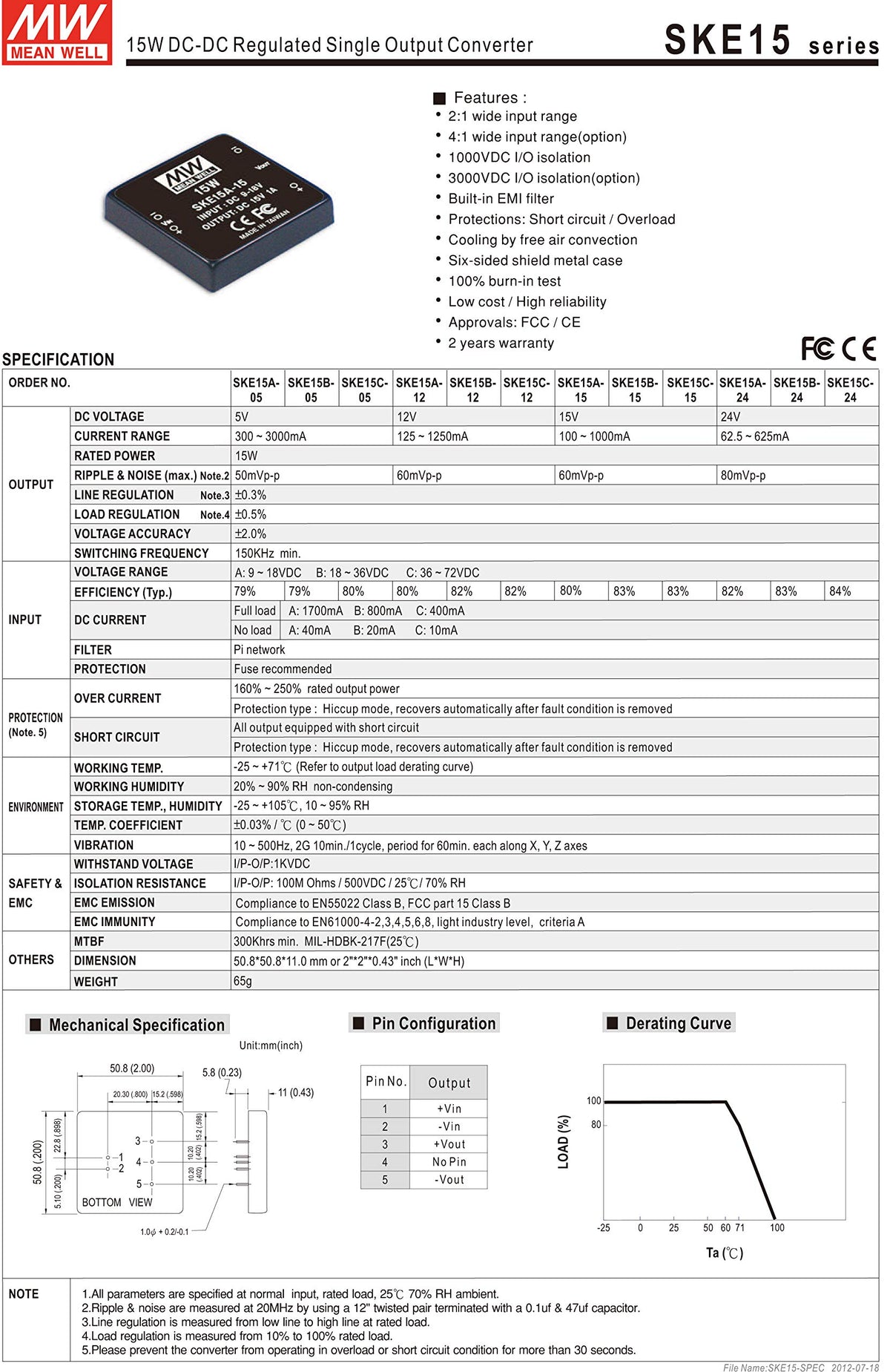Mean Well SKE15A-24 Encapsulated DC-to-DC Converter, 24V, 0.625A, 15W, 5-Pins, 0.43" H x 2.0" W x 2.0" L