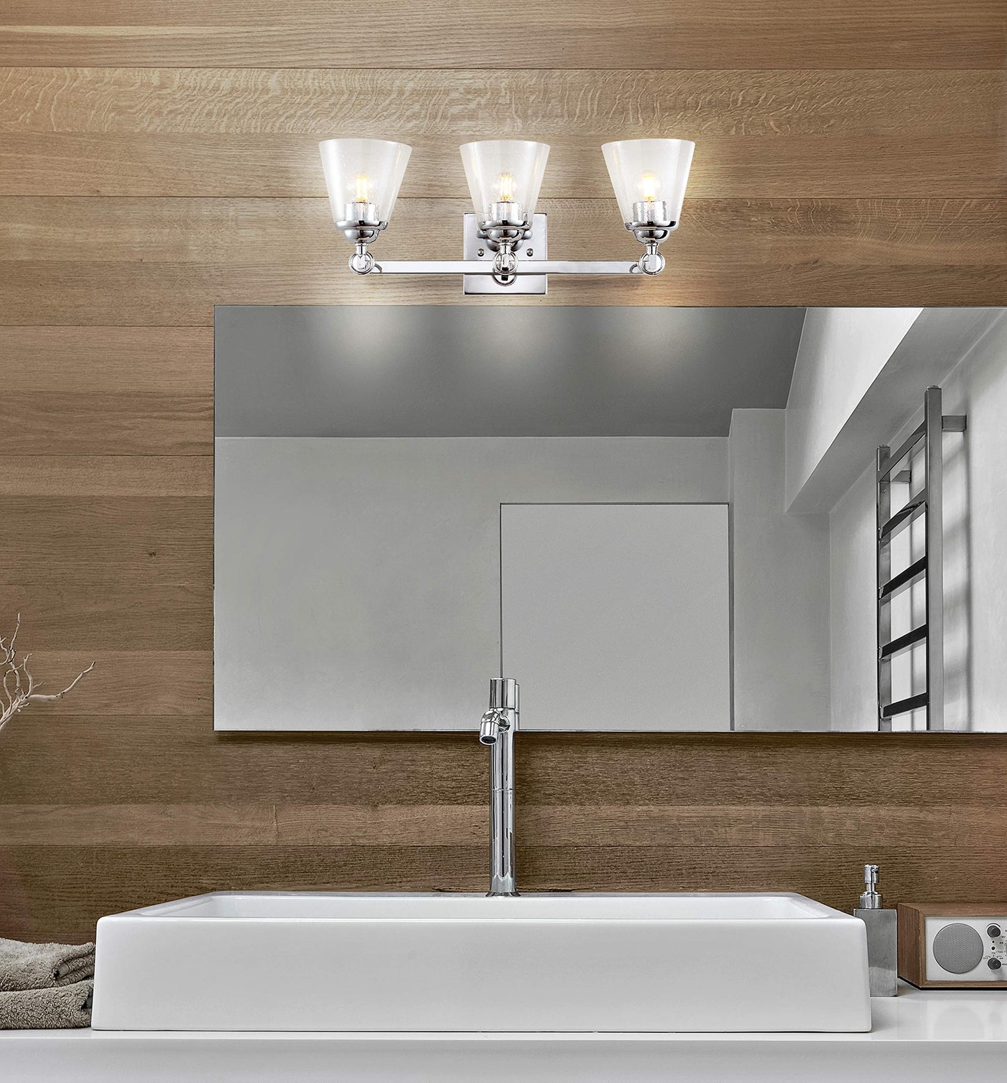 JONATHAN Y 21" Chrome Marion 3-Light Vanity Light Wall Sconce for Bathroom Decor, Clear Seeded Glass Shade, Reversible Hardwired Lamp for Mirror