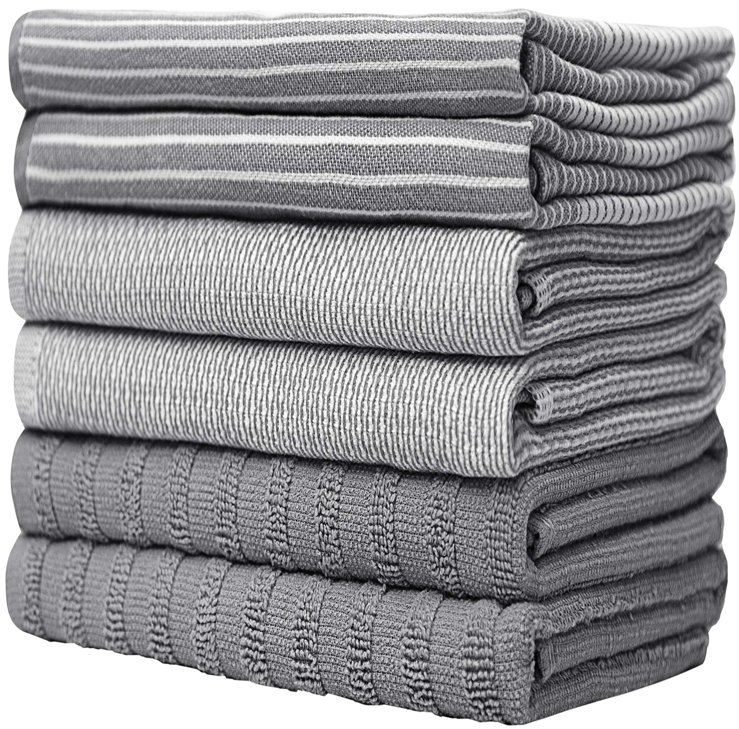 Premium Cotton Kitchen Towels 6 Pack (20”x28”) – Large, Absorbent Flat & Terry Dish Cloths with Hanging Loop – Gray