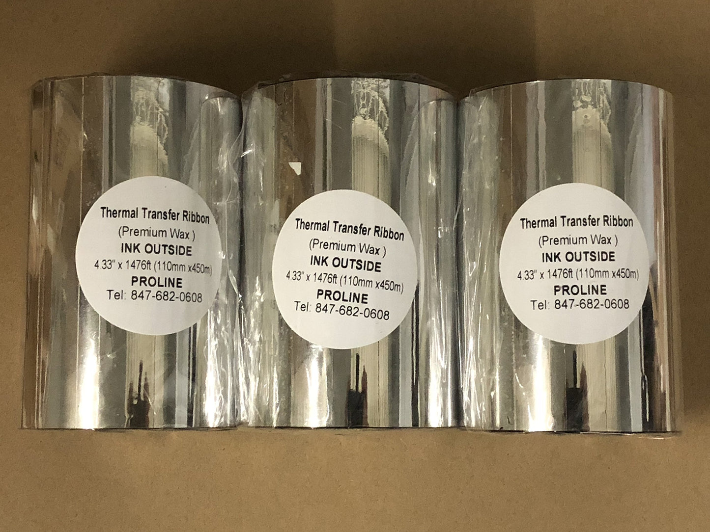 ProLine Thermal Transfer Ribbon - Premium Resin-Enhanced Wax - 4.33" x 1476" (110mm x 450m) Ink Outside for Zebra Datamax Sato TT Printers (2 Rolls)