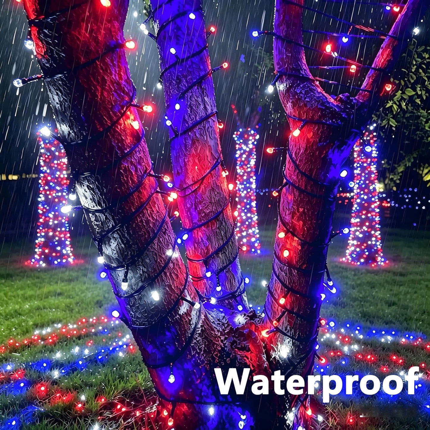 Joomer Red Blue White String Lights Outdoor, 66FT 200LED RGB Lights with Remote Timer Memory, Waterproof Indoor Outdoor 4th of July Independence Day