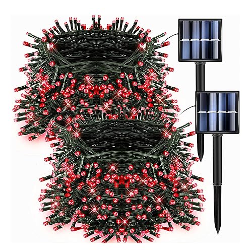 Dazzle Bright 2 Pack Total 400LED 132FT Red Christmas Solar String Outdoor Lights, Solar Powered with 8 Modes Waterproof Fairy Lights for Bedroom