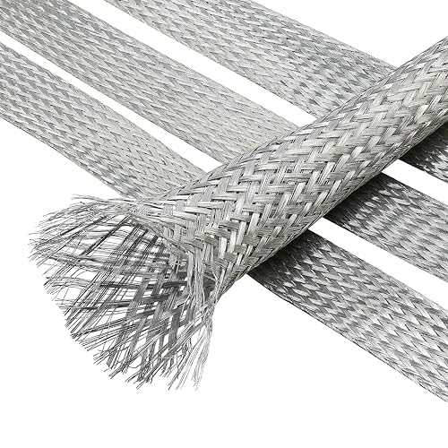 FOURUB Cable Shielding Sleeve Tinned Copper Braided Sleeving Flexible Expandable Metal Ground Straps Wire Harness Protector (1/2"-18ft, Silver)