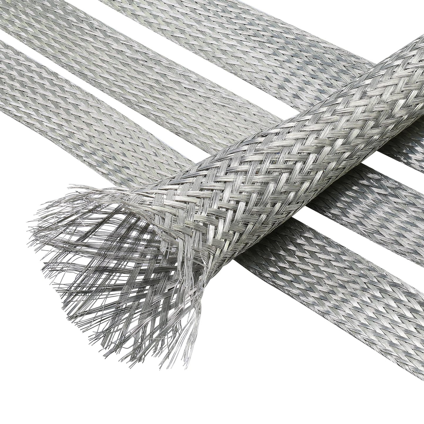 FOURUB Cable Shielding Sleeve Tinned Copper Braided Sleeving Flexible Expandable Metal Ground Straps Wire Harness Protector (1/2"-18ft, Silver)