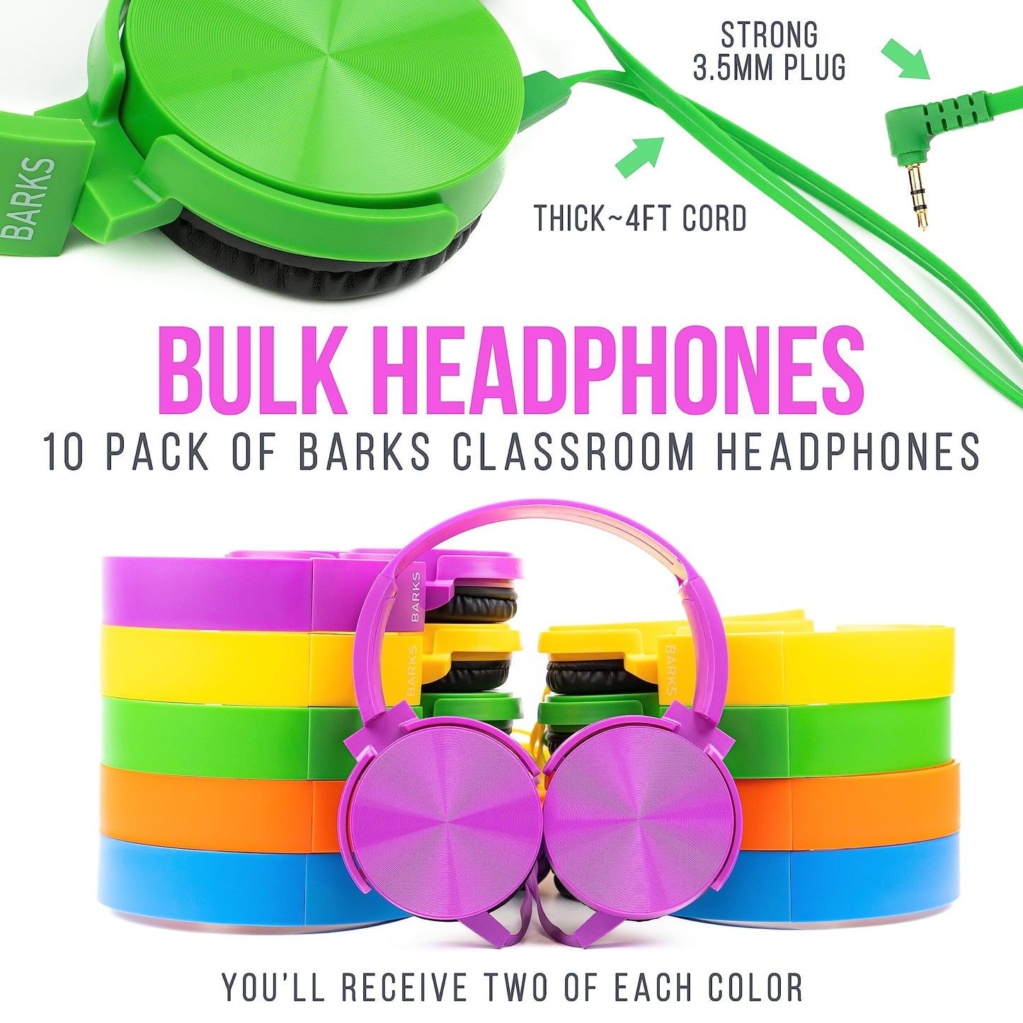 Barks Classroom Headphones (10 Pack, Mixed Colors) - On-Ear Premium Student Bulk Headphones: Perfect for Kids K-12, Schools & Class Sets (Colorful