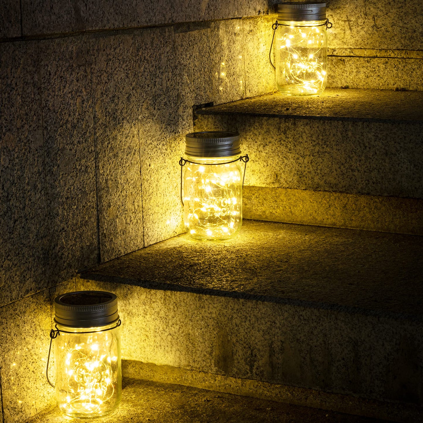 GIGALUMI Hanging Mason Jar Solar Lights, 6 Pack 30 Led Hanging Solar Lanterns Outdoor Waterproof, Hangers and Jars Included, Outdoor Decor