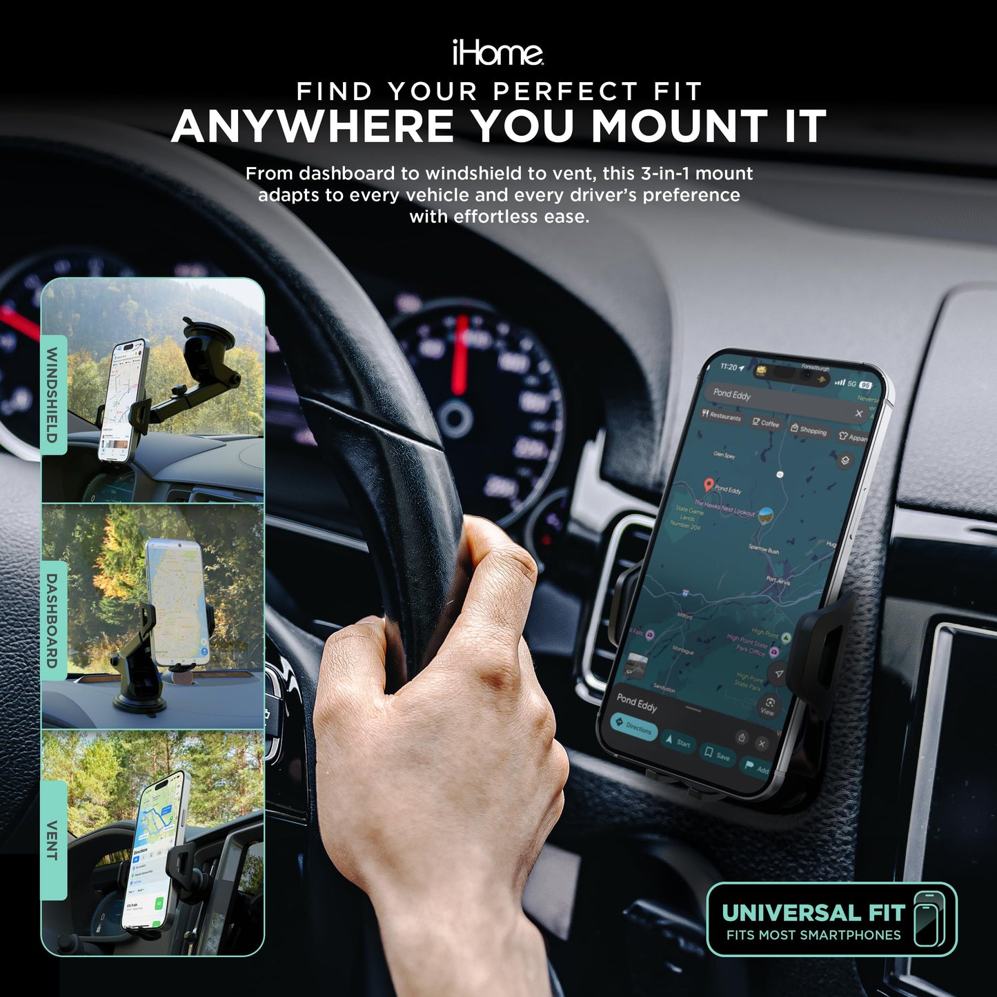 iHome Car Mount, Dashboard/Windshield/Vent Mount, Swivel Neck, Silicone Grip, Adjustable Mount Arm with Suction Cup Base (Universal Car Mount)