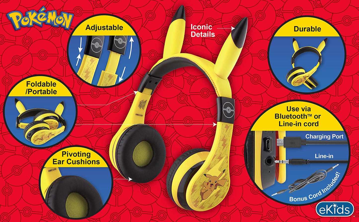 eKids Pokemon Kids Bluetooth Headphones, Wireless Headphones with Microphone Includes Aux Cord, Volume Reduced Kids Foldable Headphones for School…