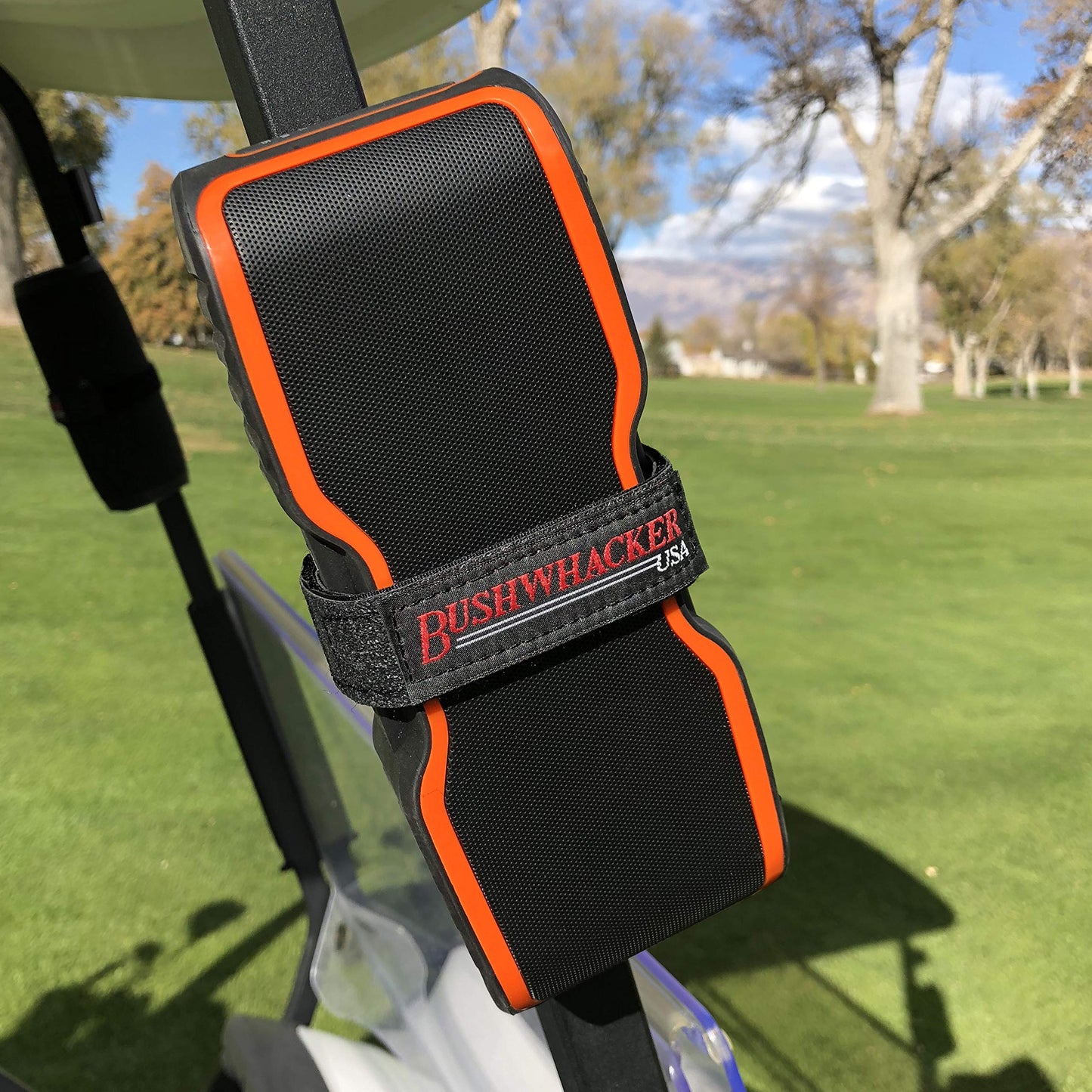 Bushwhacker Portable Mount for Bluetooth Speakers on Golf Cart Railing - Adjustable Non-Slip Strap Holder for Bike Frames Scooters Boats Strollers
