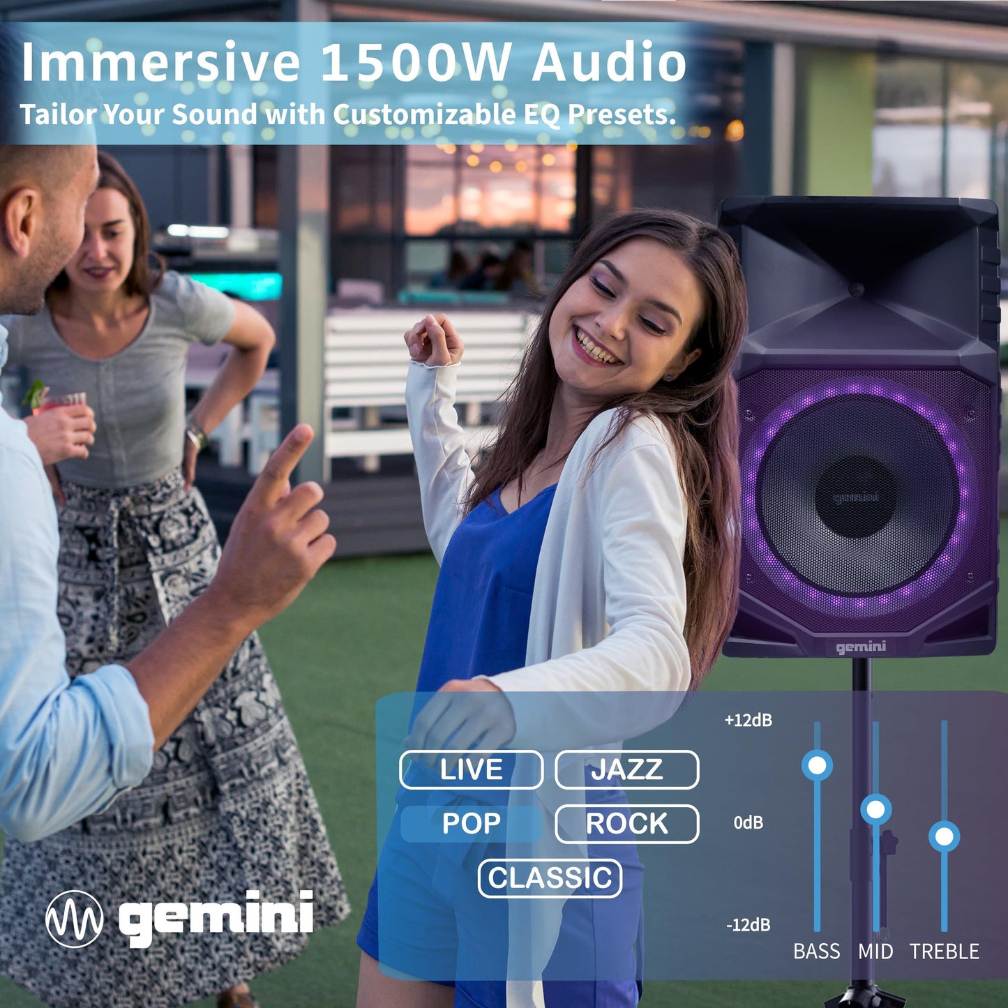 Gemini Sound GXP-T1500 All-Weather Portable Bluetooth PA Speaker System with RGB LED Party Lighting, 15" Woofer, Mic/Guitar Inputs, USB/FM Radio