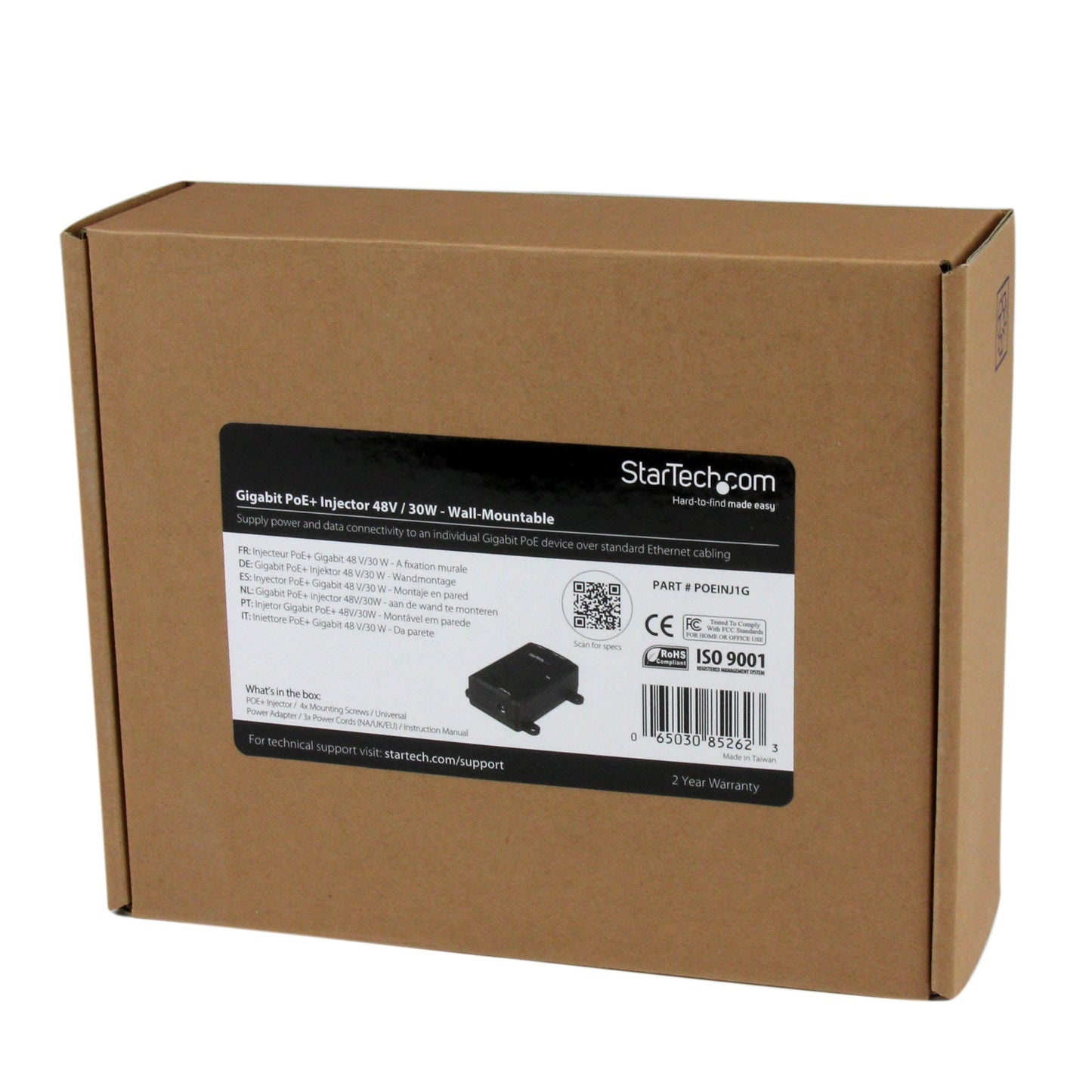 StarTech.com 1 Port Gigabit Midspan - PoE+ Injector - 802.3at and 802.3af - Wall-Mountable Power over Ethernet Injector Adapter , TAA (POEINJ1G)