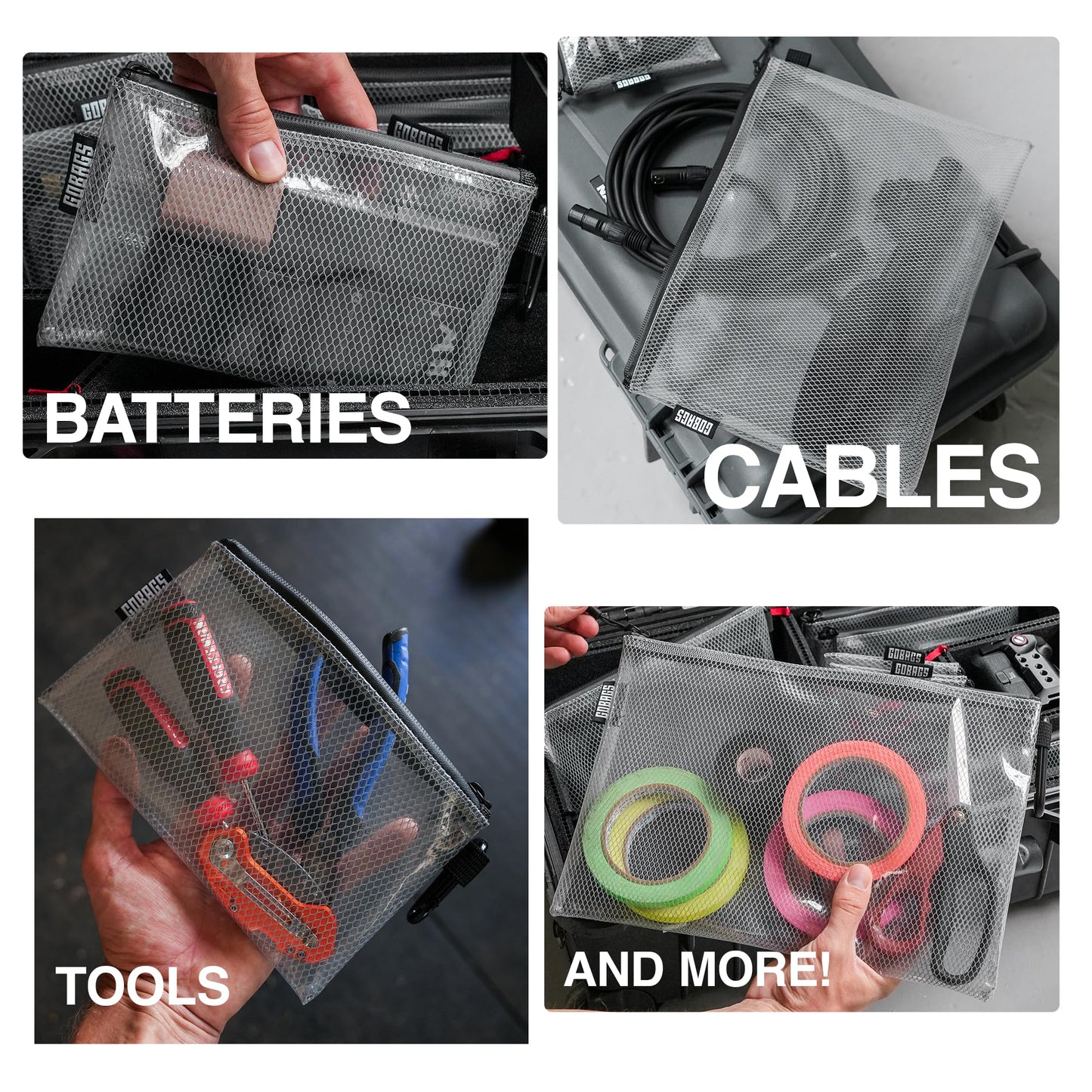 GOBAGS Air Production Multi?Size Clear Zipper Pouch (4?Pack) - Cable Organizer & Travel Gear Bag for Electronics, Camera Accessories, Tool Pouch &