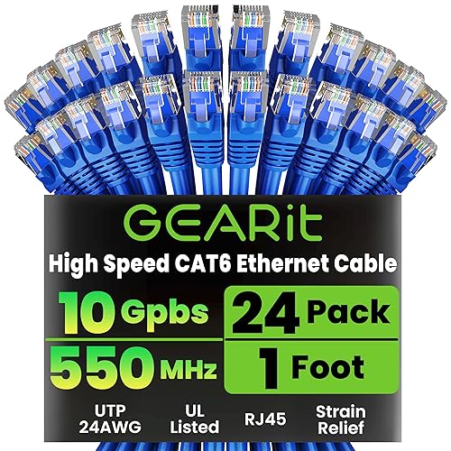 GEARit Cat 6 Ethernet Patch Cable 1 ft Blue (24-Pack Cat6 Ethernet Patch Cables 1ft), Cat 6 High Speed 24AWG 10Gbps RJ45 Snagless Gold-Plated