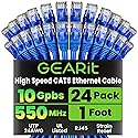 GEARit Cat 6 Ethernet Patch Cable 1 ft Blue (24-Pack Cat6 Ethernet Patch Cables 1ft), Cat 6 High Speed 24AWG 10Gbps RJ45 Snagless Gold-Plated