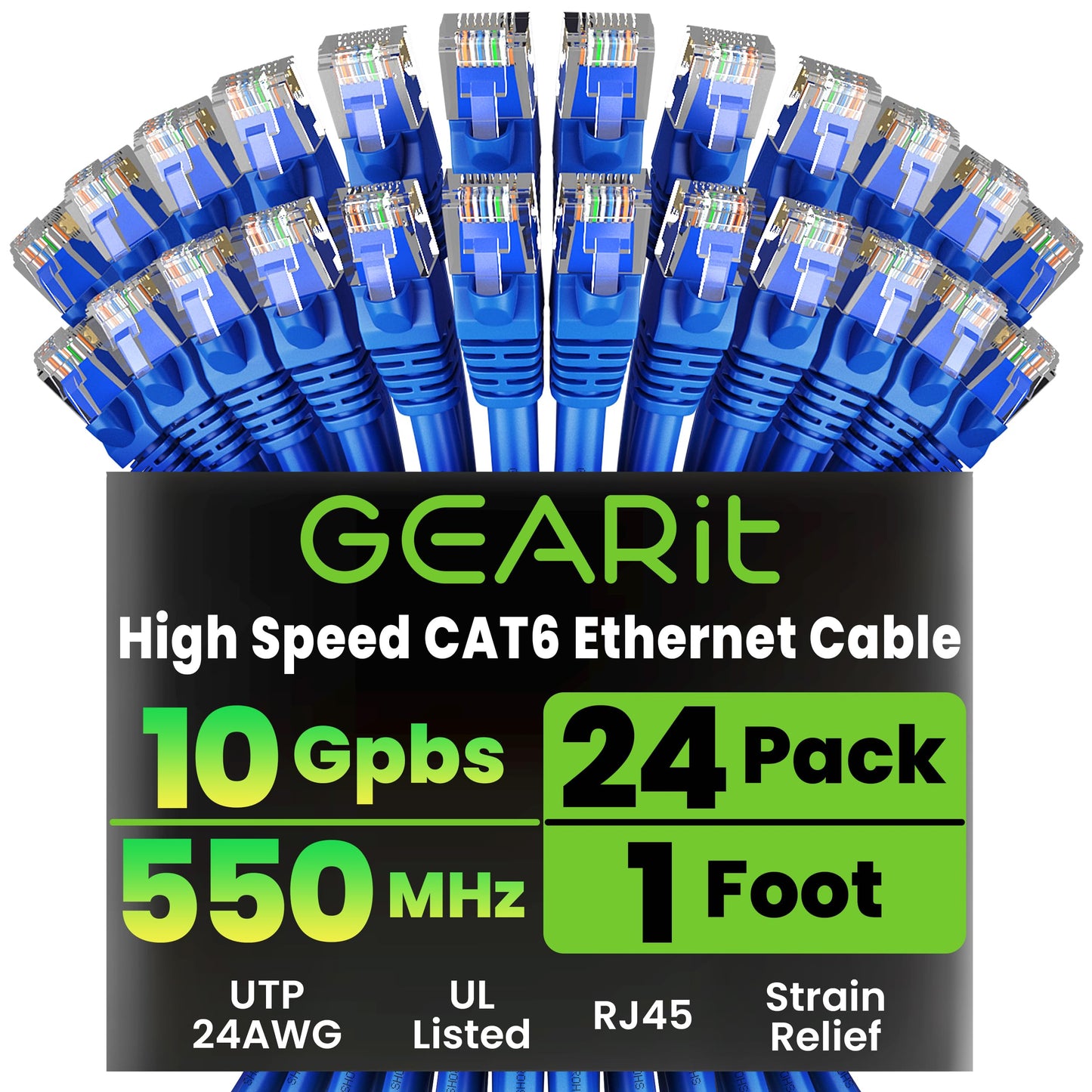 GEARit Cat 6 Ethernet Patch Cable 1 ft Blue (24-Pack Cat6 Ethernet Patch Cables 1ft), Cat 6 High Speed 24AWG 10Gbps RJ45 Snagless Gold-Plated
