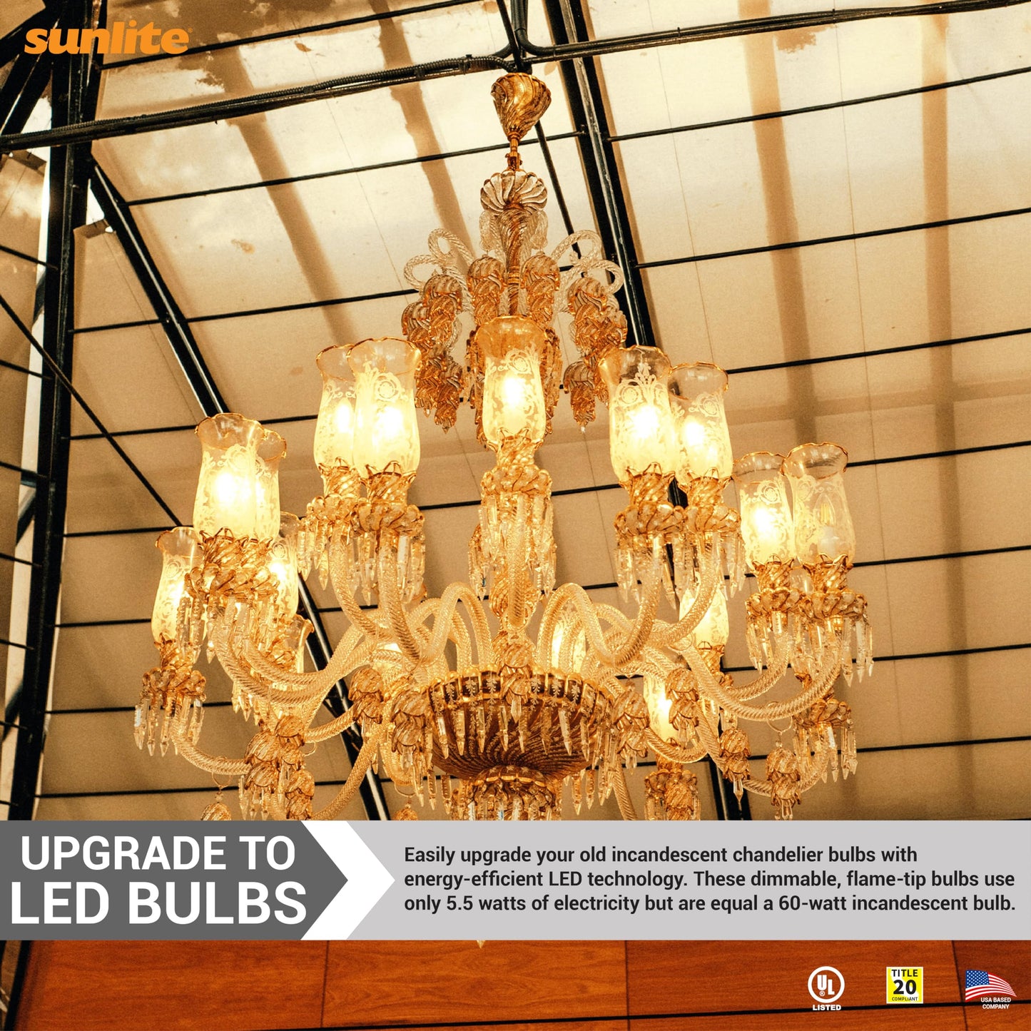 Sunlite LED Filament CA11 Flame Tip Chandelier Light Bulb, 5.5 Watts (60W=), 600 Lumens, Candelabra Base (E12), Edison Style, 90 CRI, Dimmable, UL