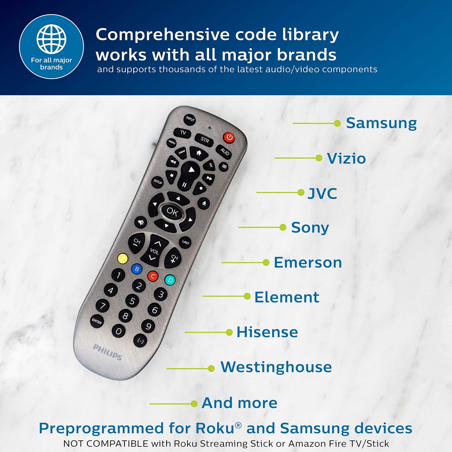 Philips Universal Remote Control Replacement for Samsung, Vizio, LG, Sony, Sharp, Roku, Apple TV, RCA, Panasonic, Smart TVs, Streaming Players, DVD