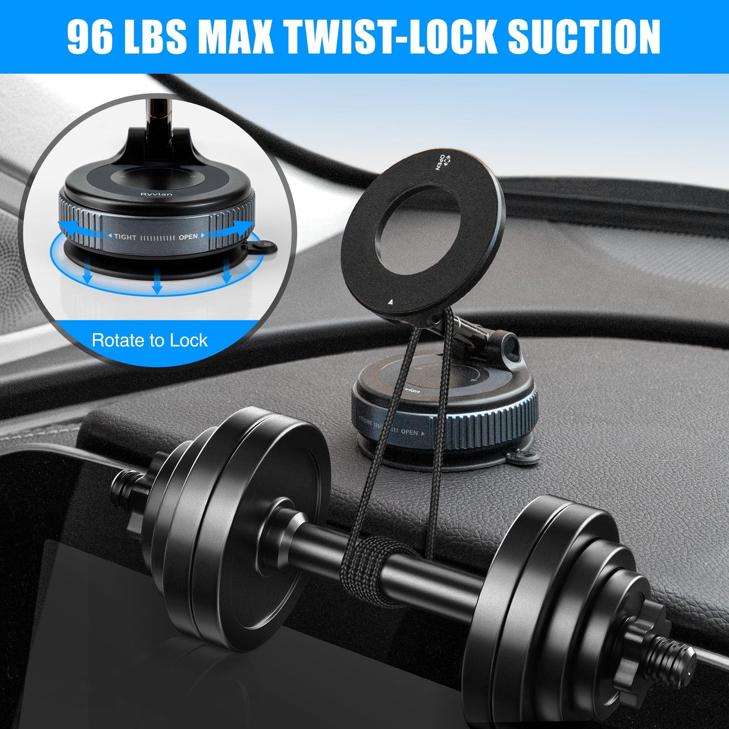 Ryvlan Carmount Vacuum Magnetic Phone Mount for Car- Magsafe Suction iPhone Stand, Content Creator Phone Holder & Car Mount, iPhone Holder