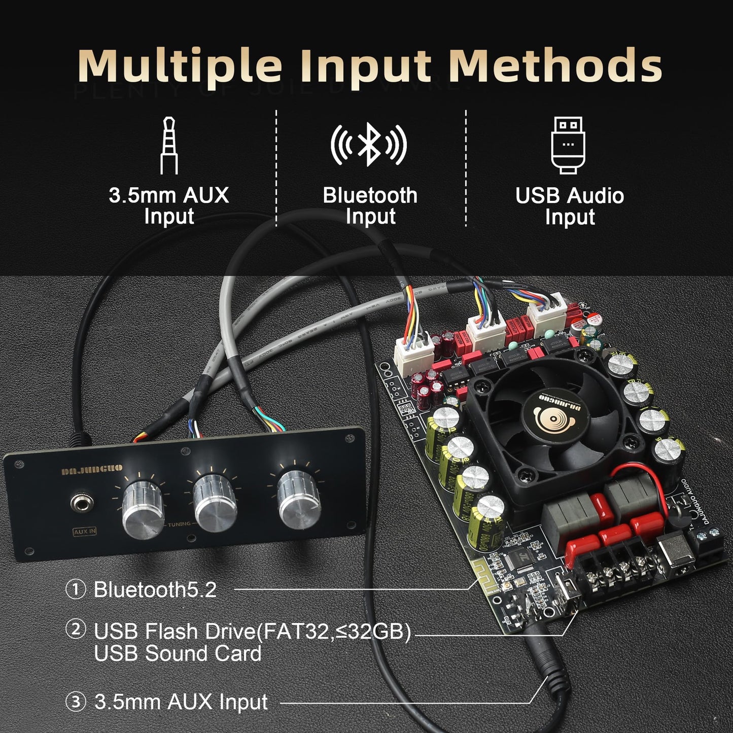 T220HS-W Power Amplifier Board 2.0 Channel 220W×2 with Treble and Bass, 12V-36V Audio Power Amplifier Module with Front Panel