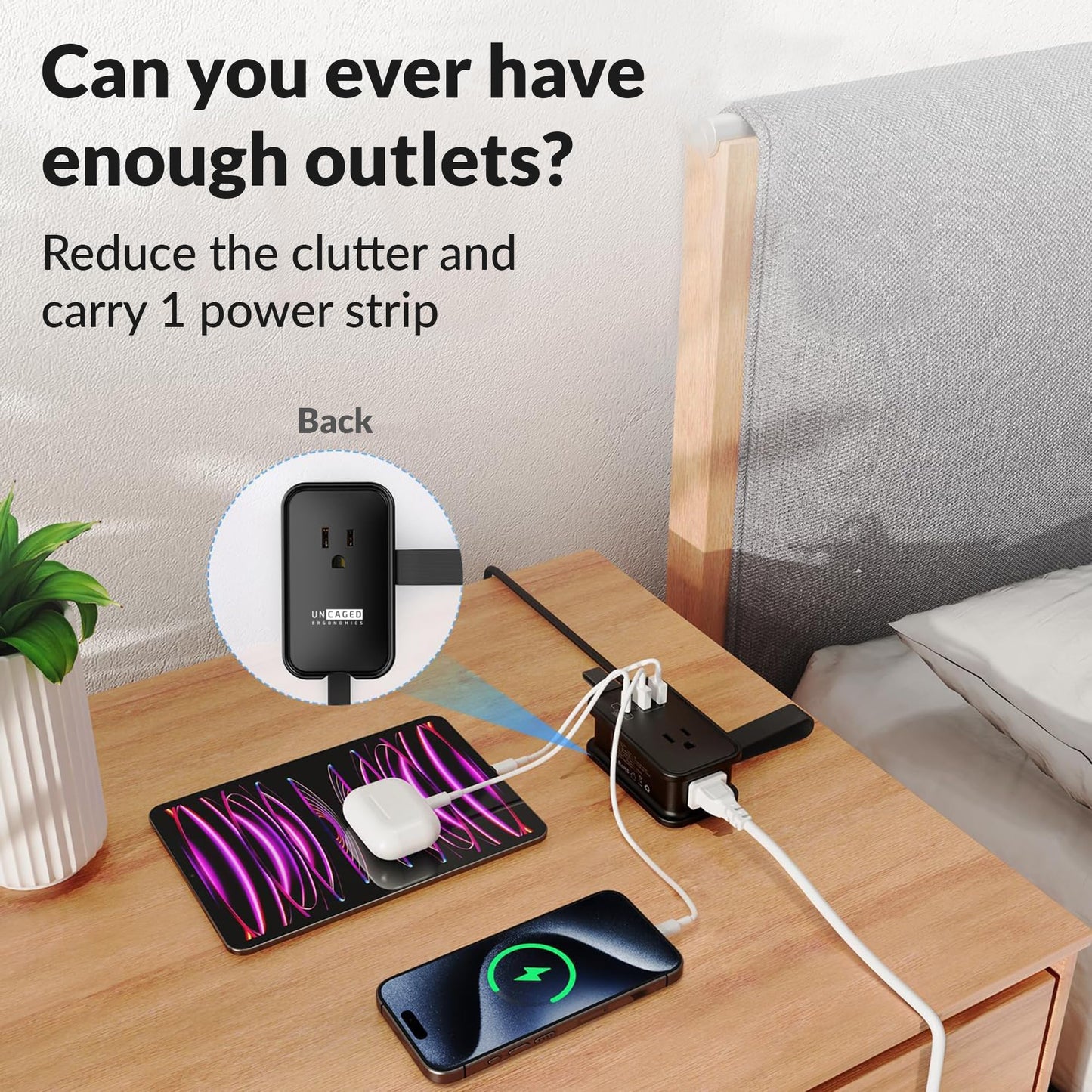 Travel Charger for Multiple Devices, Flat Plug Power Strip 3ft Adapter Extension Cord, 3 AC Outlets, 2 USB & 1 Fast Charging USB-C, No Surge Cruise