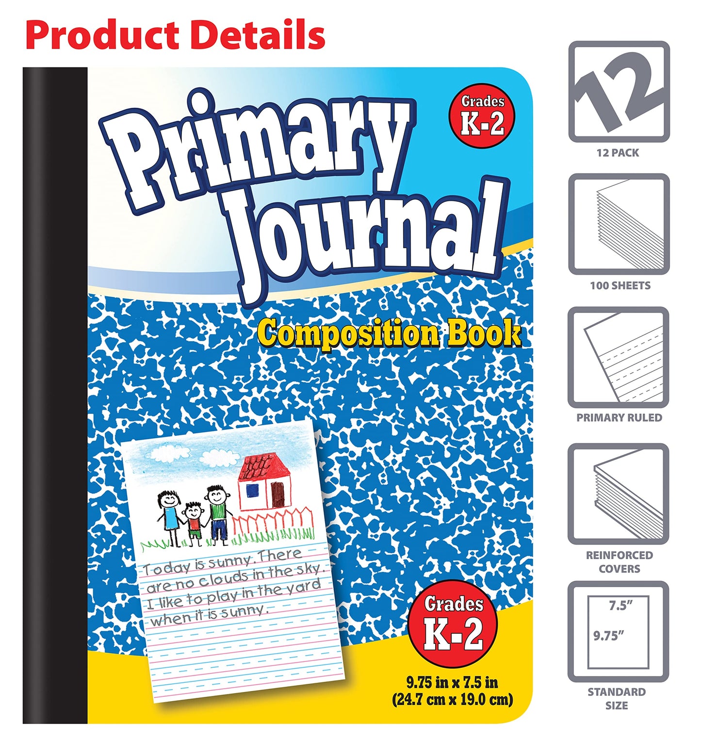 Better Office Products Primary Journal, Hardcover, Primary Composition Book Notebook - Grades K-2, 100 Sheet, One Subject, 9.75" x 7.5", Blue Cover-3