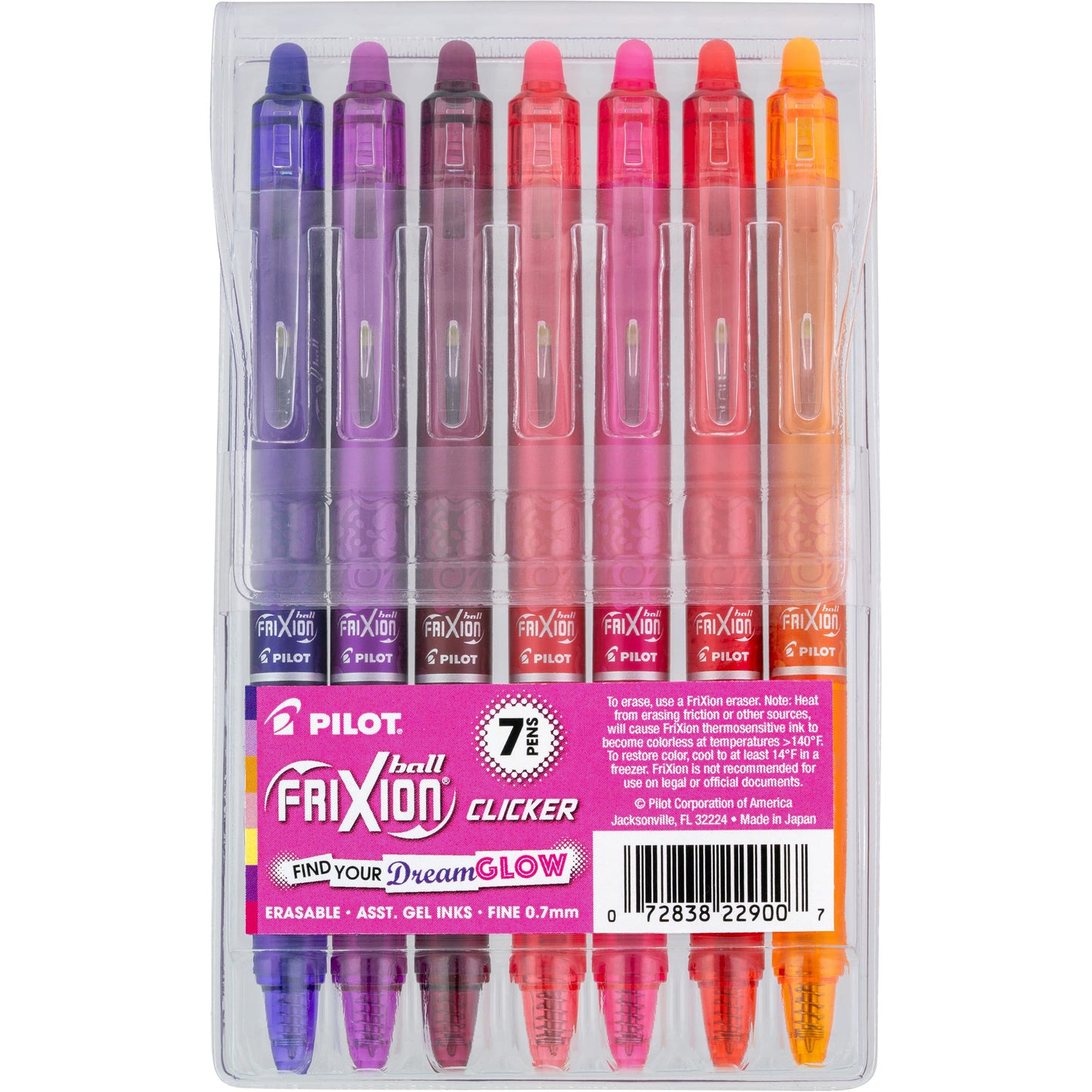 Pilot, FriXion Vibe Clicker Premium Erasable Gel Ink Pens, Find Your DreamGlow Vibe, Uplifting & Dreamy Colors, 7 Pack, Fine Point 0.7 mm, Assorted
