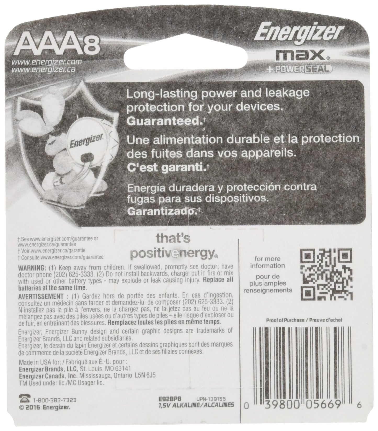 Energizer-Eveready 05669 E92BP-8 AAA Battery