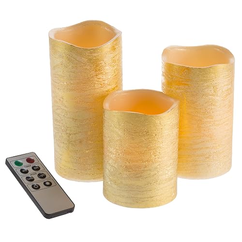 Lavish Home 80-Fc1004 Flameless LED Set of 3 Real Wax Battery Powered Pillar Candles with Remote, Timer and Distressed Gold Metallic Finish, Metallic