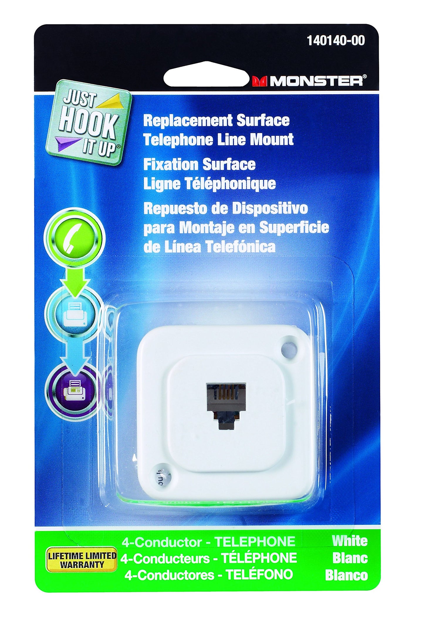 Monster Cable Replacement Surface Mount Telephone Line Jack Modular 4 Conductor White Carded