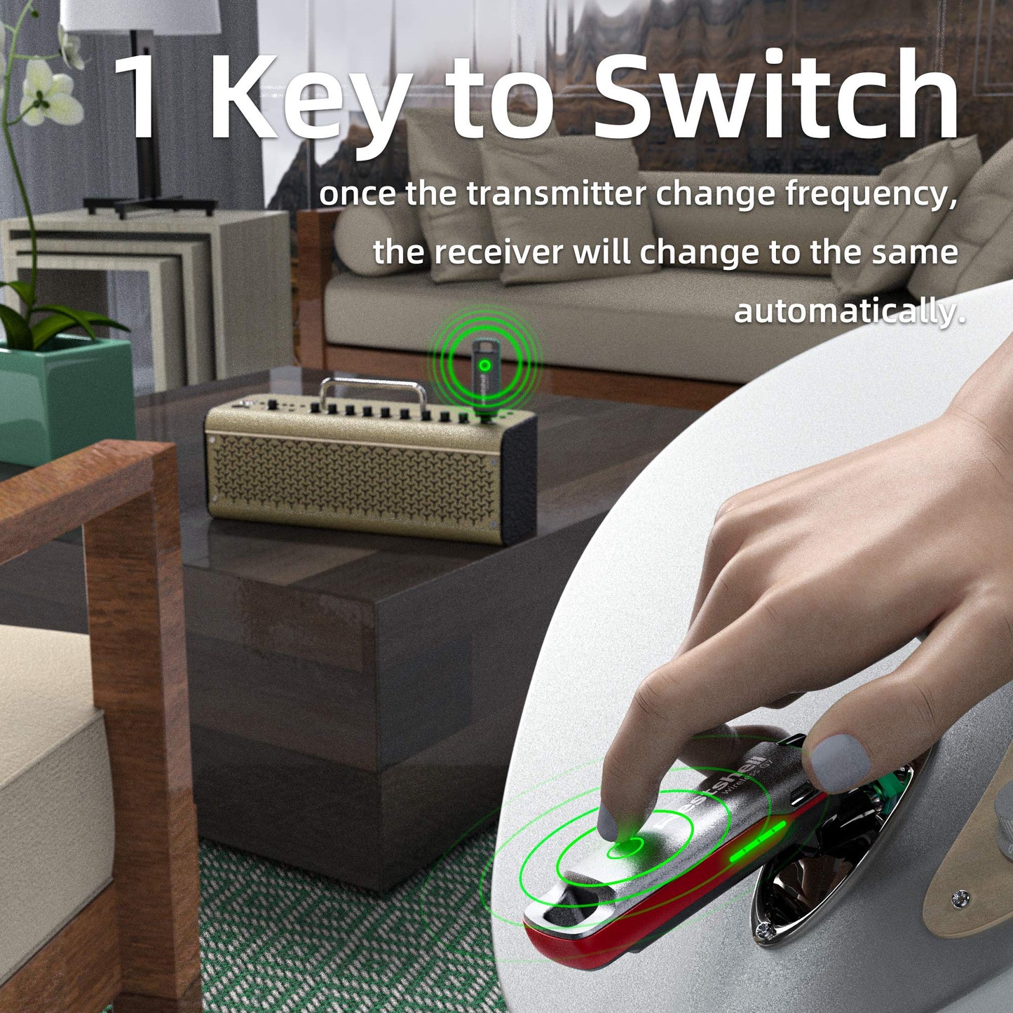 Wireless Guitar Transmitter Receiver, 1 Key to Switch Wireless Guitar System, Supports 10-channel Transmission and Perfectly Compatible with Guitar