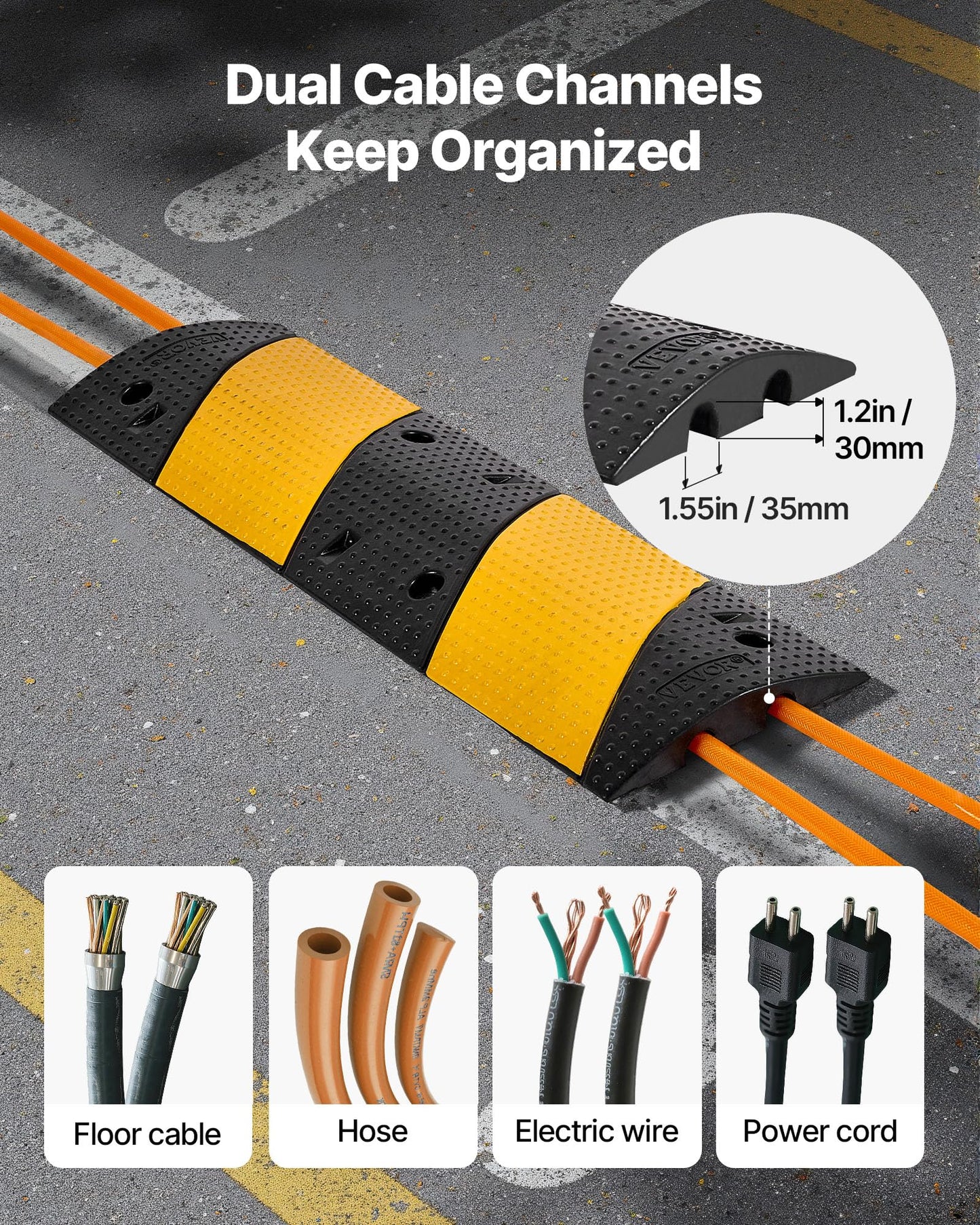 VEVOR 40 in Rubber Speed Bump, 2 Pack, 2 Channel Heavy Duty Traffic Speed Hump, 22000 lbs/Axle Load Capacity, Cable Protector Ramp with Expansion
