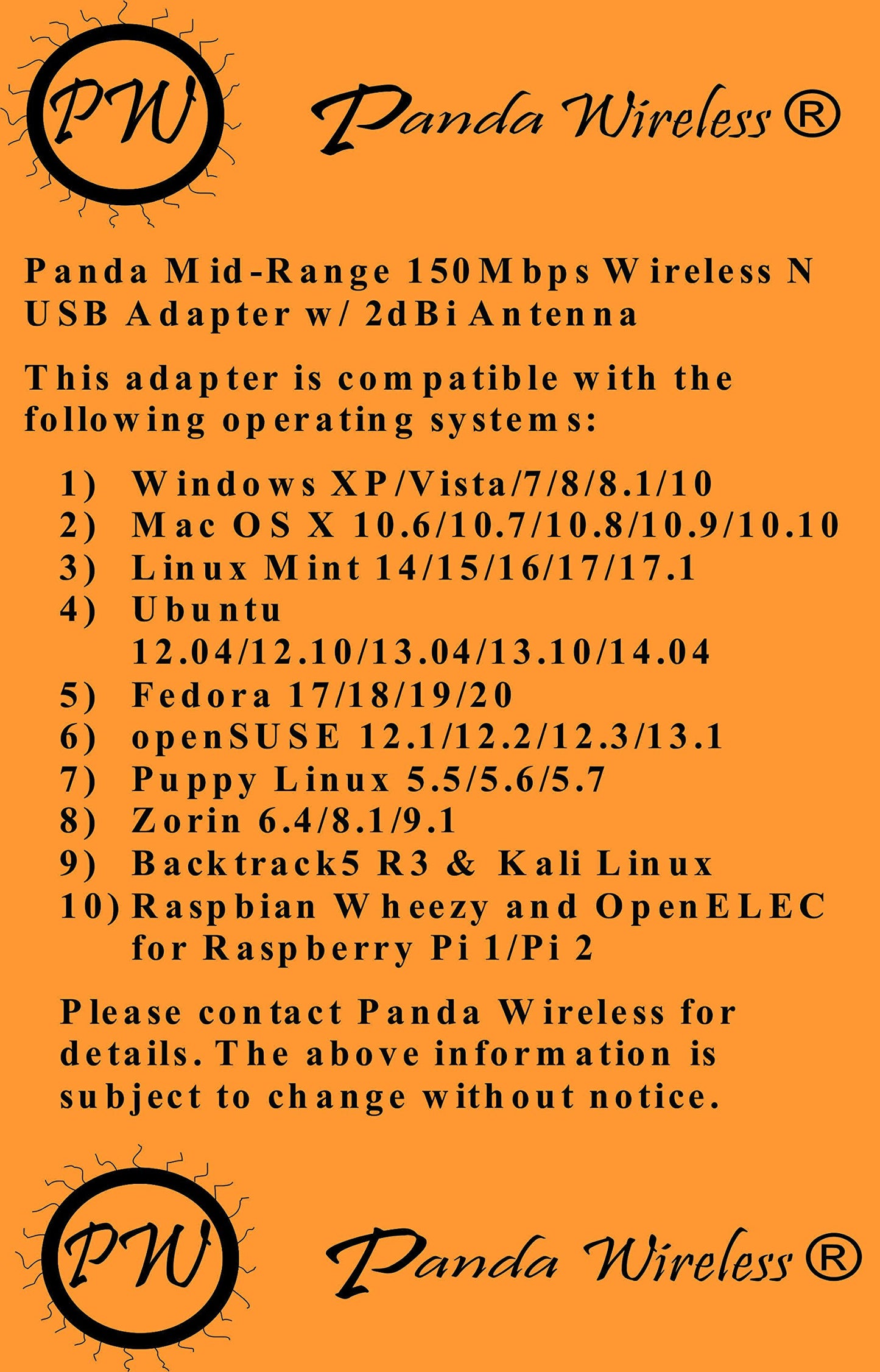 Panda Wireless Mid Range 150Mbps Wireless N USB Adapter w/ 2dBi Antenna - Win XP/Vista/7/8/10/11, Mint, Ubuntu, MX Linux, Manjaro, Fedora, Centos