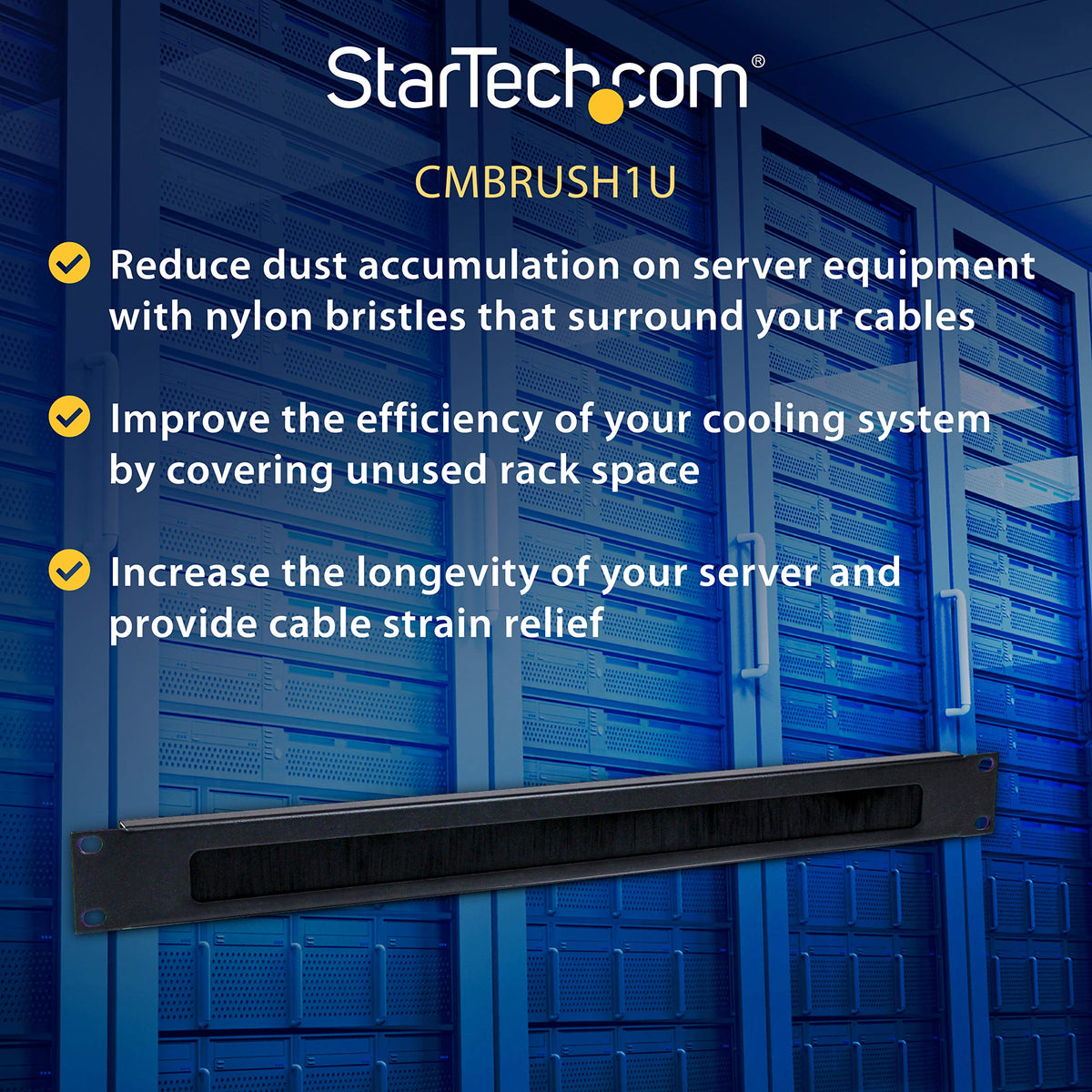 StarTech 1U Brush Strip Cable Panel for 19in Rack, Steel (CMBRUSH1U)