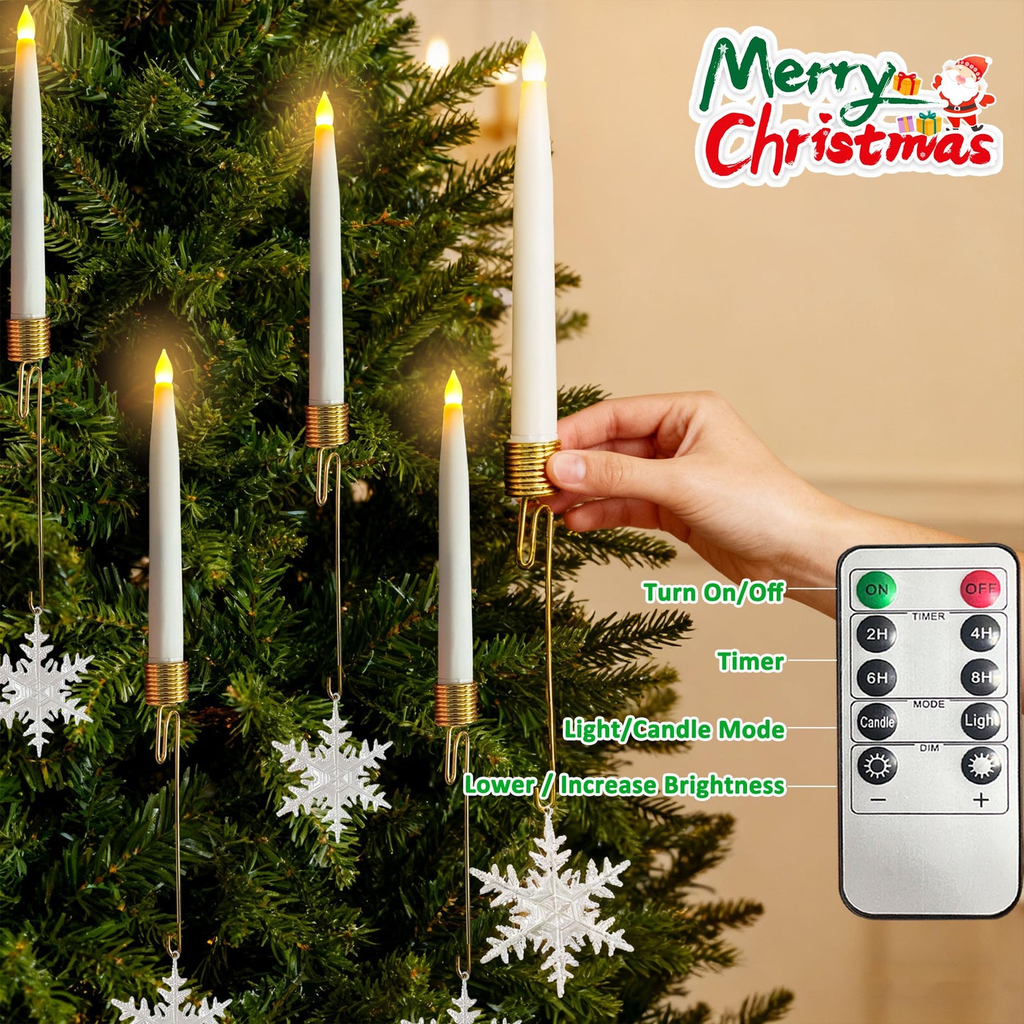 Htscudtg Christmas Tree Candles with Remote,10 Pcs LED Flameless Taper Candles with Clear Snowflake for Christmas Tree Decor, Battery Operated Tree