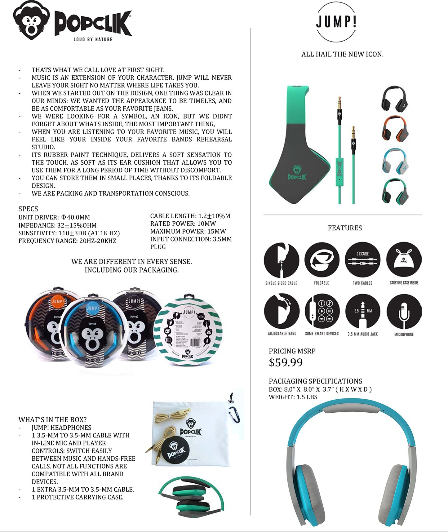 PopClik Jump! Headphones in Light Blue Lightweight Over The Ear 32 Ohms Impedance