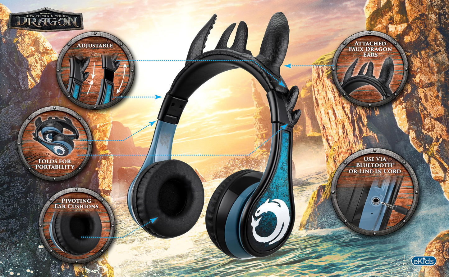 eKids How to Train Your Dragon Bluetooth Headphones with Microphone, Toothless Wireless Headphones Include Aux Cord, Earphones for School, Home, or…