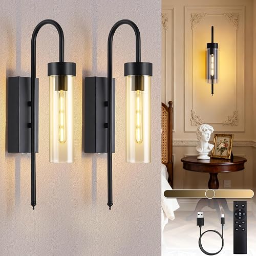 Battery Operated Wall Sconces Set of 2, 19" Dimmable Timer Remote Black Rechargeable Wireless Modern Wall Lights with Clear Glass, Wall Decor Fixtures