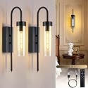 Battery Operated Wall Sconces Set of 2, 19" Dimmable Timer Remote Black Rechargeable Wireless Modern Wall Lights with Clear Glass, Wall Decor Fixtures